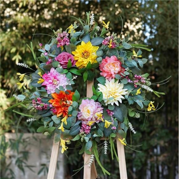 Spring Summer Wreaths for Front Door, Floral Door Wreath with Peony Dahlia Rose - Picture 3 of 7